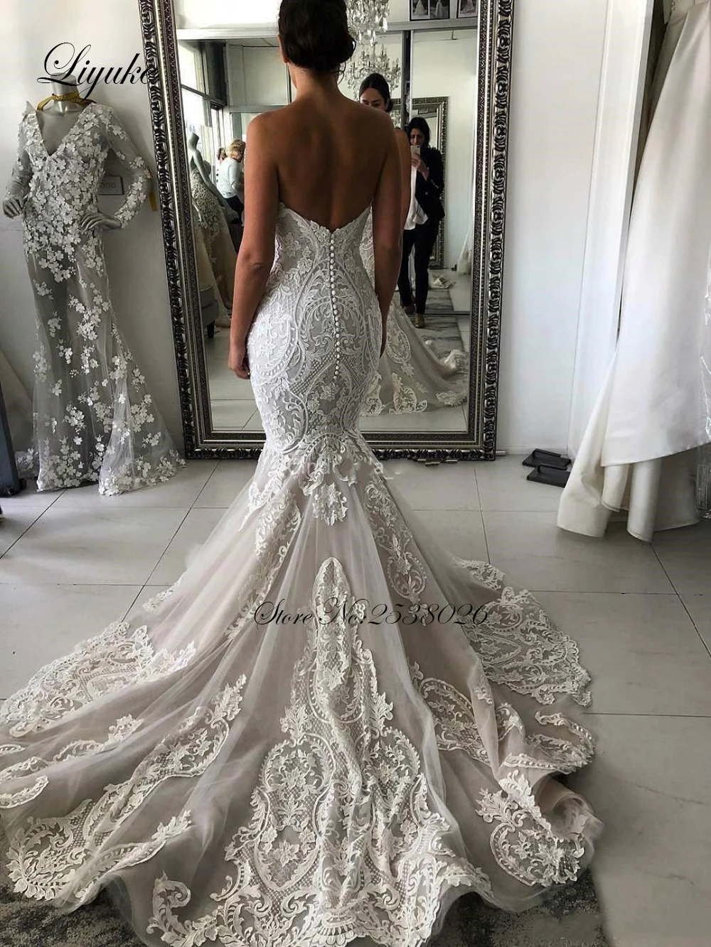 Liyuke Elegant Strapless Mermaid Wedding Dress With Delicated Lace Trumpt vestido de noiva