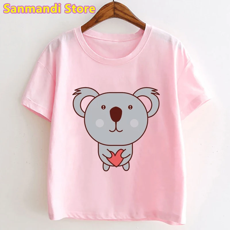 Lovely Koala Pink Love Cartoon Print Tshirt Girls Summer Kids Clothes White Pink Short Sleeve T-Shirt Children Clothes T-Shirt