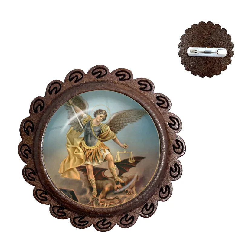 Glass Dome Wood Brooch Archangel St.Michael Protect Me Saint Shield Protection Charm Russian Orhodox Collar Pins For Holy Gift