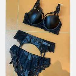 Wriufred-PU Conjuntos De Lingerie De Couro Brilhante para Senhoras, Roupa Interior De Motocicleta, Sutiã Push Up, Conjunto De Garter Panty, Anel De Aço