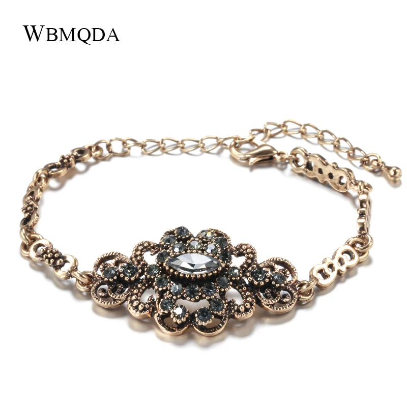 Wbmqda Boho Grey Crystal Bracelet for Women Antique Gold Ethnic Crystal Flower Cuff Bracelets Statement Vintage Jewelry Gift