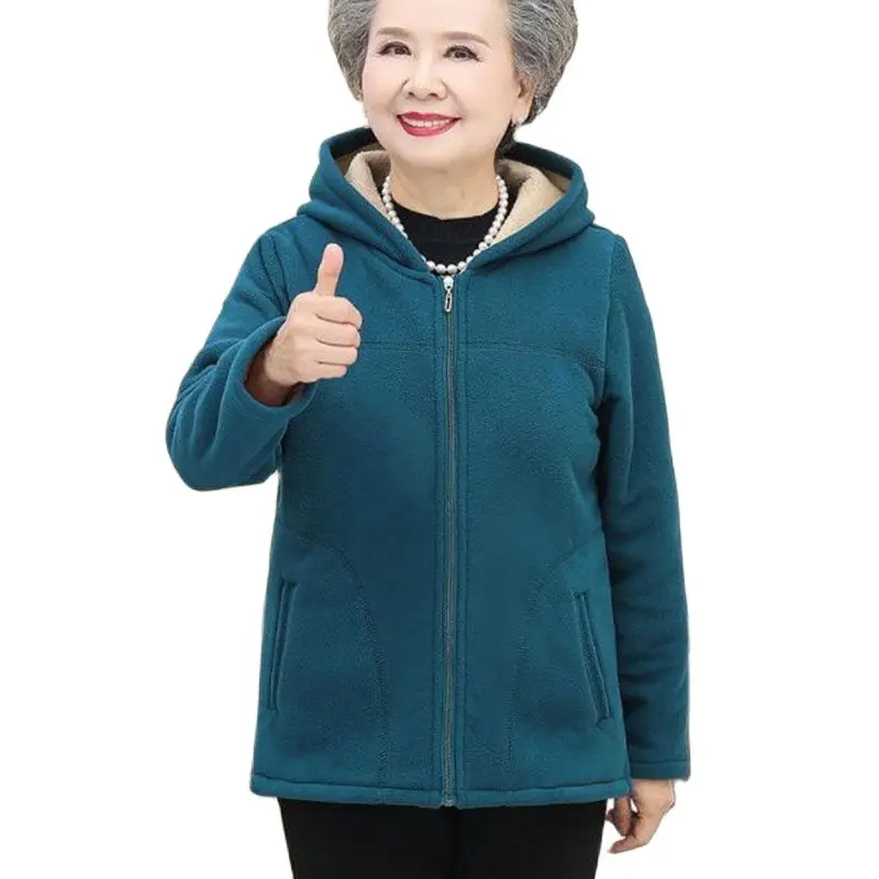 Middle-Aged Elderly Mothers Shake Grain Velvet Hooded Hoodie Coat 2025 New Spring Autumn Short Long Sleeve Slim Ladies Jacket