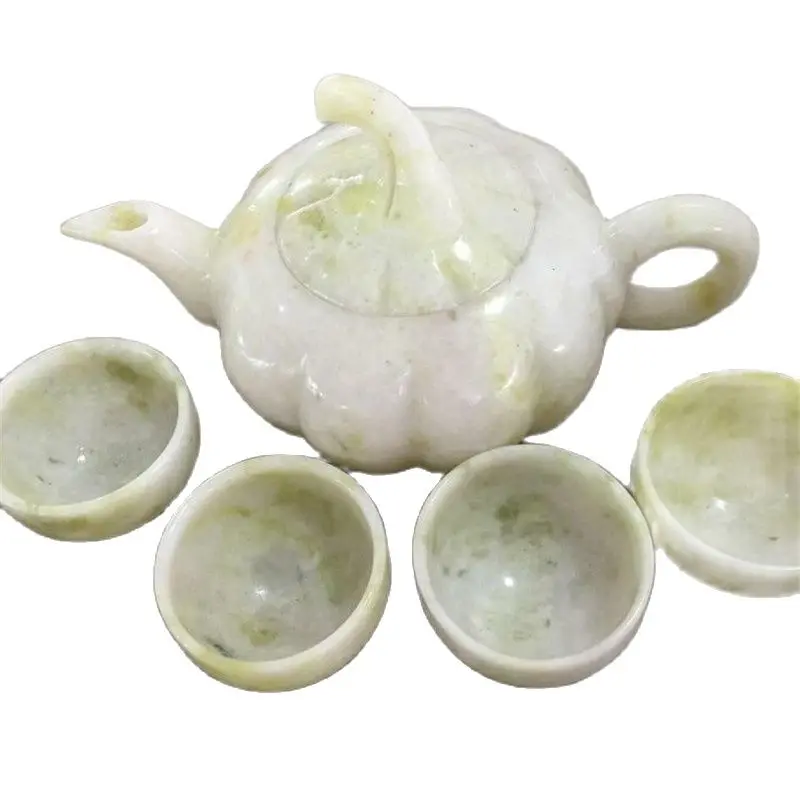 China Handmade Jade Carving Natural Stone Jade Teapot And Tea Cup A Set