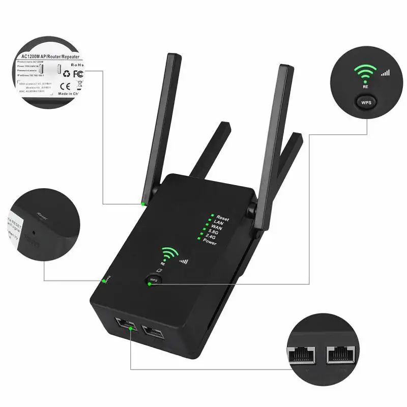 WiFi Range Extender Repeater Router AC1200M WiFi Booster Access Point 2.4 GHz 5GHz Dual Band WiFi Extender US EU Plug wiFi Repeater