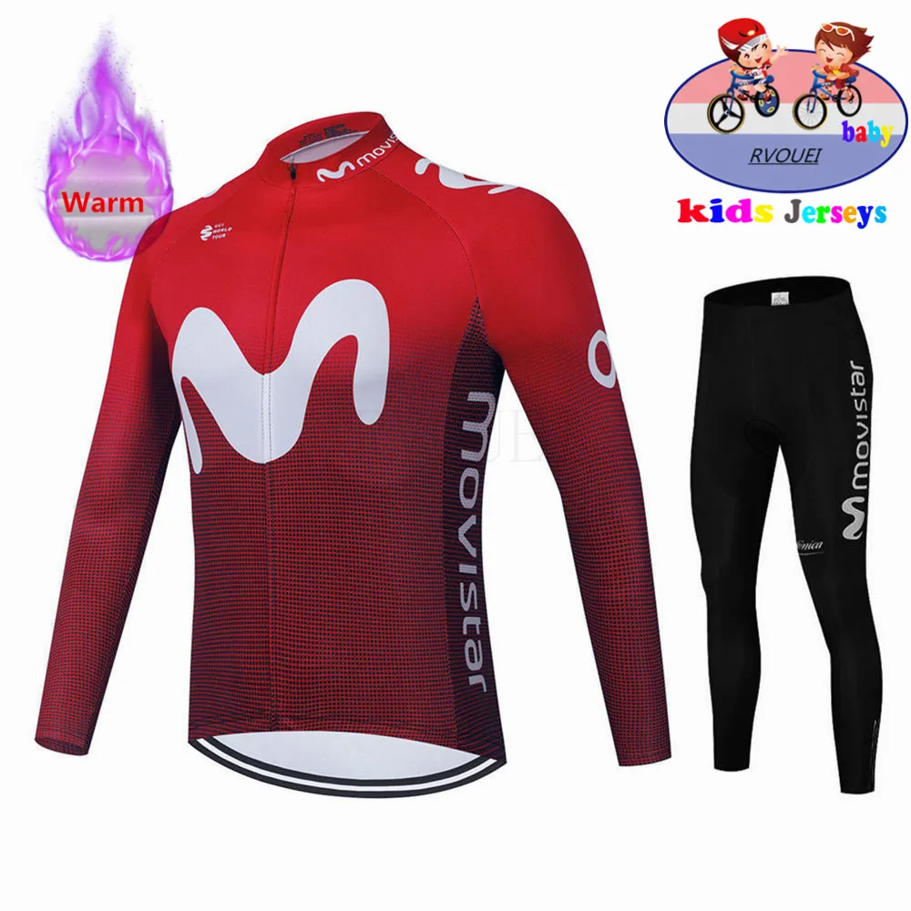 Kids Winter Cycling Clothing Boy Thermal Fleece Cycling Bike Jersey Long Sleeves Sets Children Cycling Clothing Suit Movistar