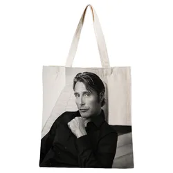 Mads Mikkelsen-Bolso de mano de lona para mujer, bolsa de hombro de tela de algodón, plegable, ecológico, reutilizable