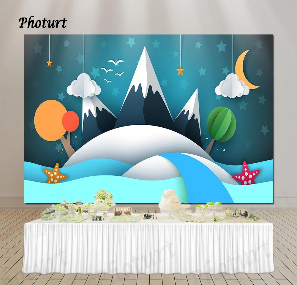 

PHOTURT Star Moon Backdrop Baby Shower 1st Birthday Party Background Snow Mountain Blue Polyester Vinyl Photo Studios Props