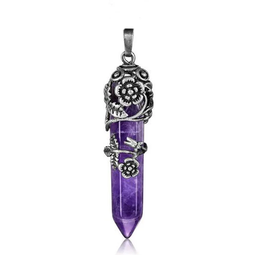 KFT Antique Silver Plated Natural Healing Crystal Quartz Stone Flower Wrapped Hexagon Prism Pendulum Reiki Pendant Jewelry