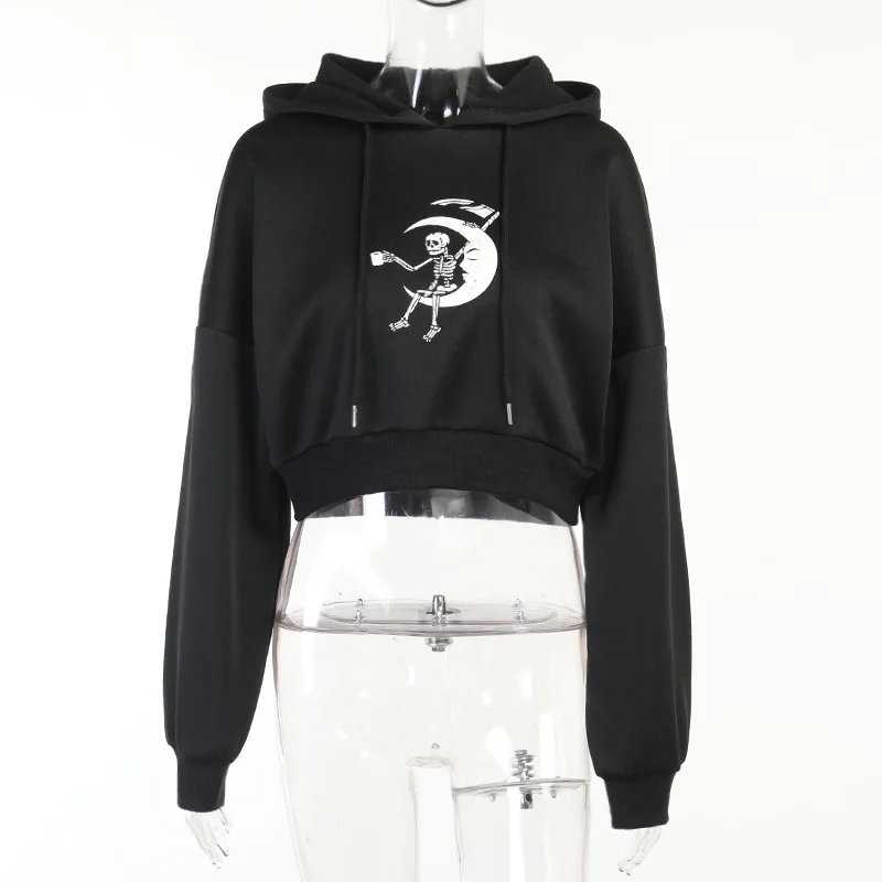 

Vintage Print Gothic 2k Hoodies Women's Harajuku Punk Skull Fall 2021 Pullover Female Sweatshirts Moon with hood Cropped goth