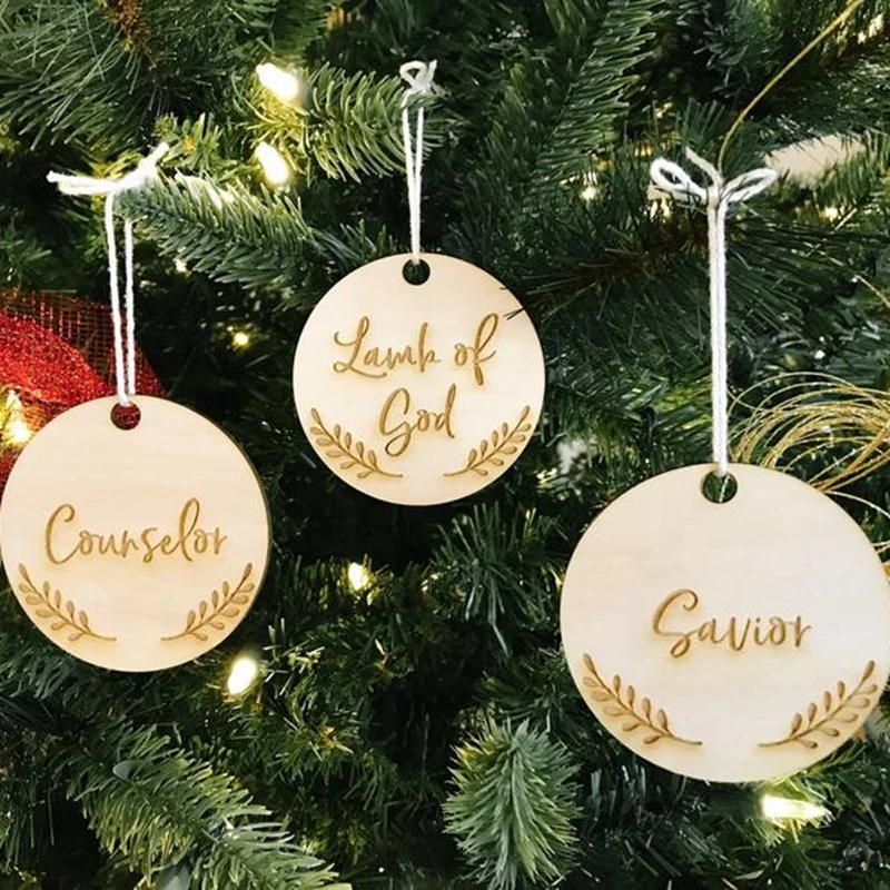 set of 12pcs laser engraved name jesus christ pendant wood nativity ornament christmas tree decoration