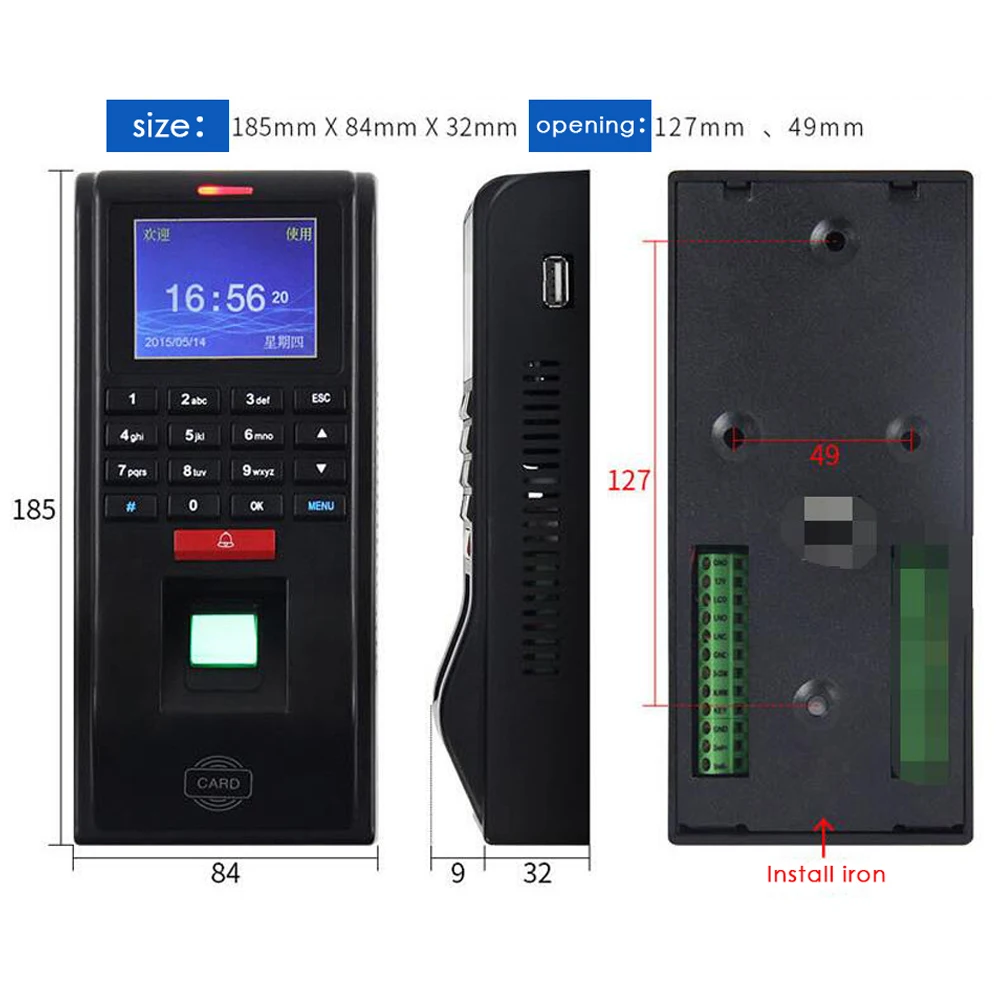 Linux System Standalone125KHZ RFID Card Reader TCP/IP Communication And TFT Screen Fingerprint Access Control System