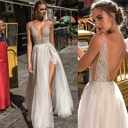 Boho Wedding Dress Sexy V Neck High Split Slit Skirt Tulle Beach Wedding Gowns Lace Appliqued Backless Bridal Dress Customized