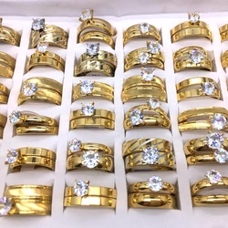 Wholesale 36 Pairs (72pcs) 2 IN 1 rhinestone Mens Womens Couple Rings Gold Plated Top Stainless Steel Wedding Jewelry