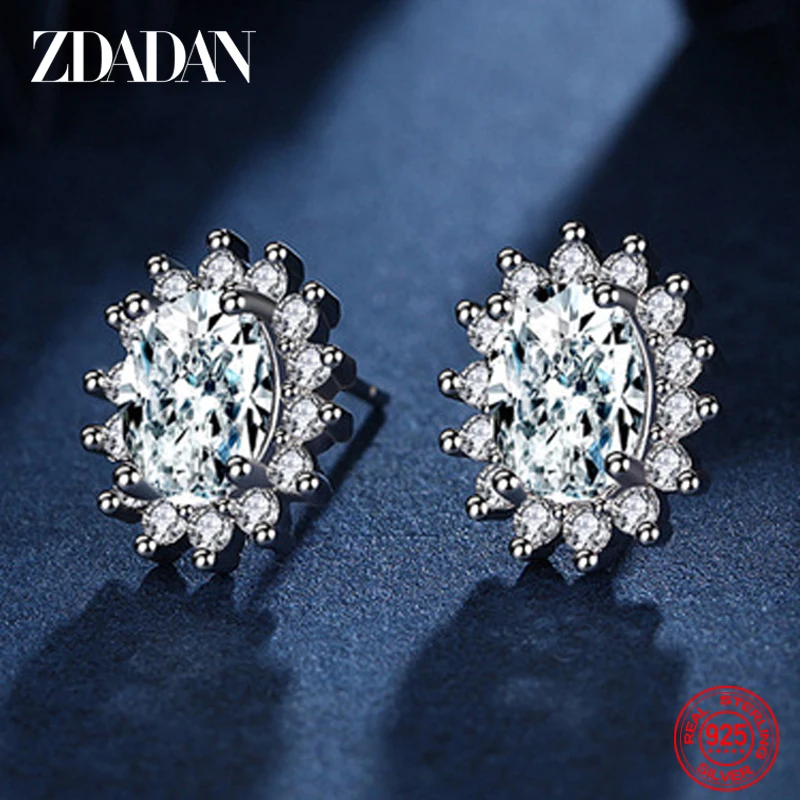 ZDADAN 925 Silver Blue Oval Crystal Earrings For Women Fashion Wedding Jewelry Gifts