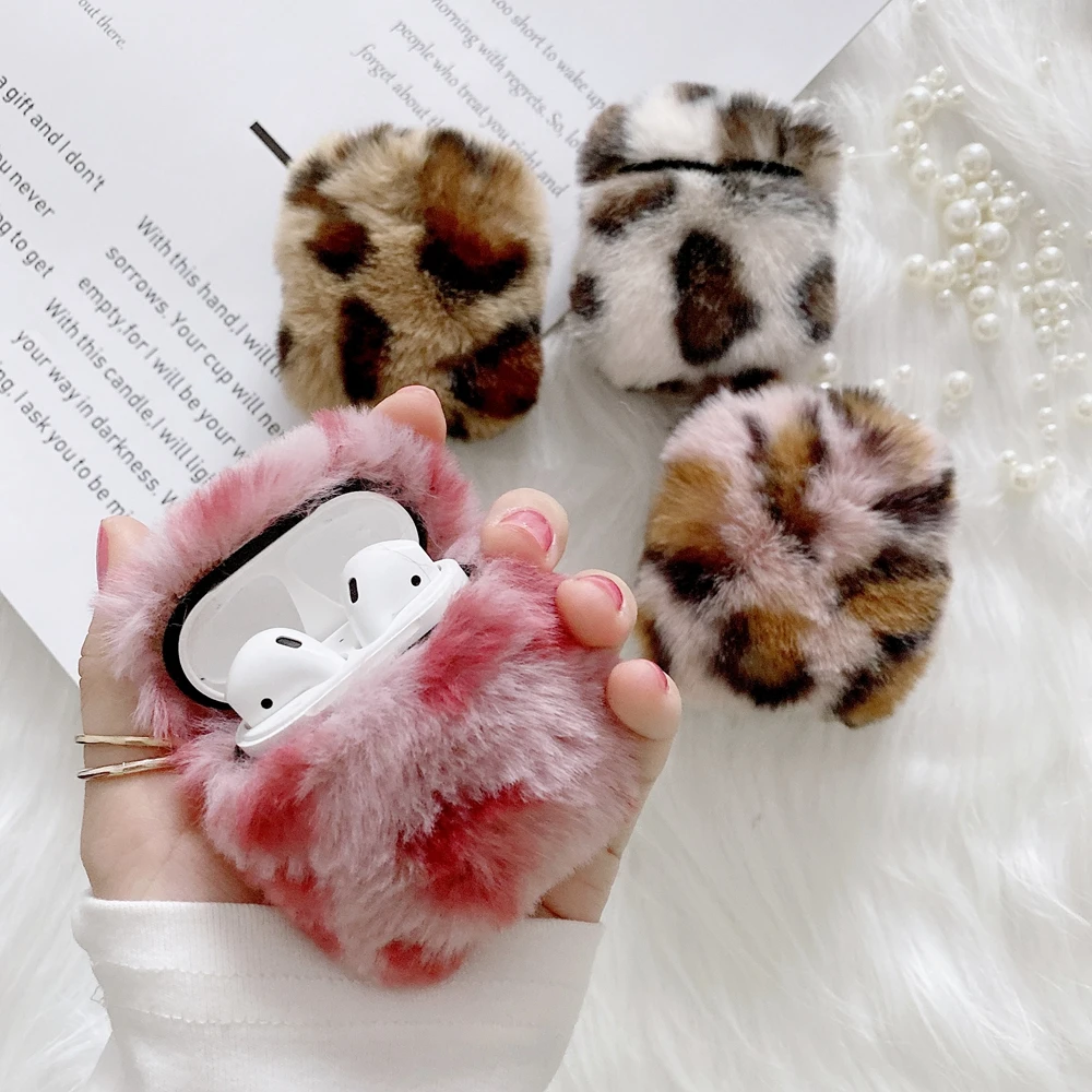 Soft Leopard Fur Case for Apple AirPods 1 2 Wireless Charging Fluffy Box with Carabiner Plush Cover for Airpods Pro 3 Case Capa