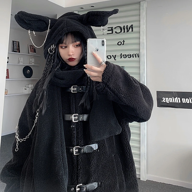 Ruibbit Hot Girl Punk Japanese Rabbit Ear Cap Chain Cross Headdress Scarf Plush Hooded Hat Winter Warm Windproof Scarf Woman