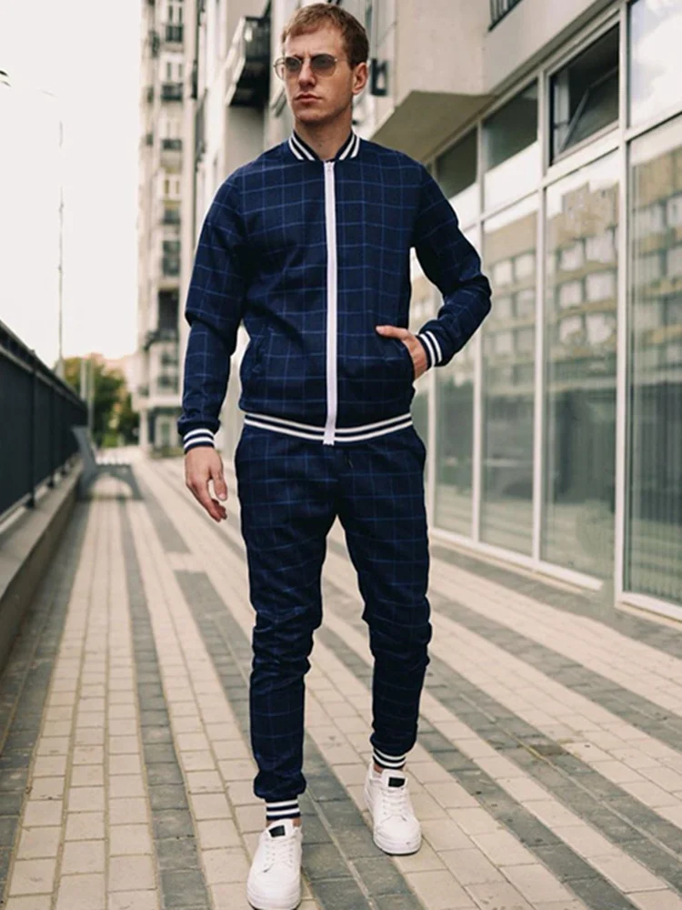 Europe United States Casual Sportswear Suits Autumn New Stand-Up Collar Zipper Cardigan Jacket Grid Sweatpants Men\'s Clothing