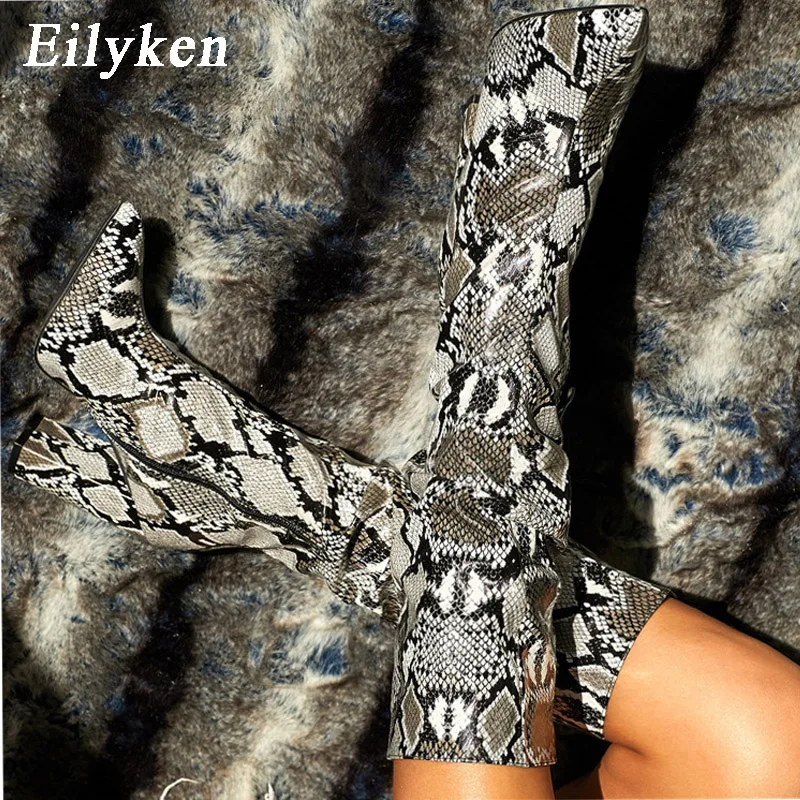 Eilyken Colorful Snake Skin Boots Women High Heels Thick Mid-calf Boot Distressed Pointed Toe Zip Pleated Slouch Shoes