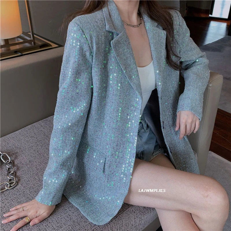 2022 Spring Autumn Korean Blazer Women New Loose Suit Sequined Single Breasted Small Blazer Coats Women Fashion Streetwear XZ69