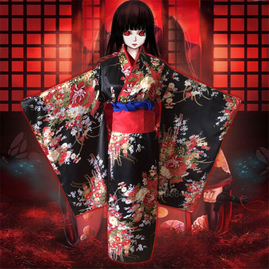 Japanese Traditional Kimono Dress Anime Hell Girl Cosplay Costume Obi Haori Vintage Floral Robe Stage Fancy Wear Halloween Dark