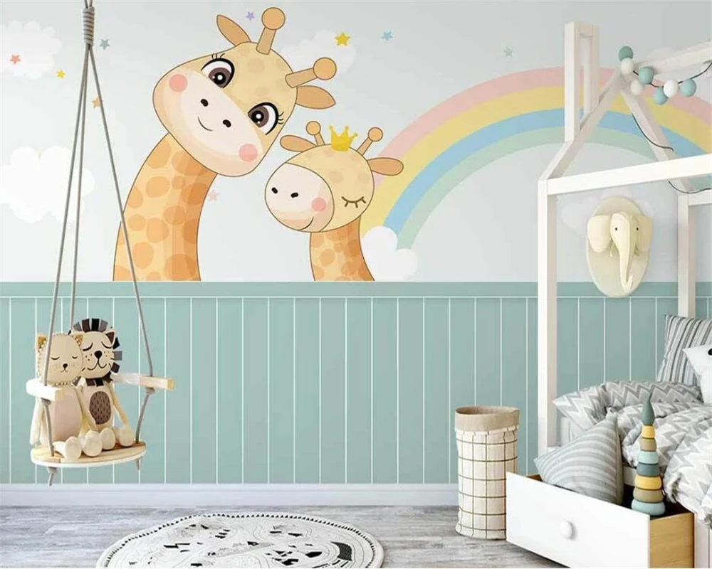 

beibehang Custom Nordic hand-painted small fresh giraffe rainbow children's room background wallpaper wall papers home decor