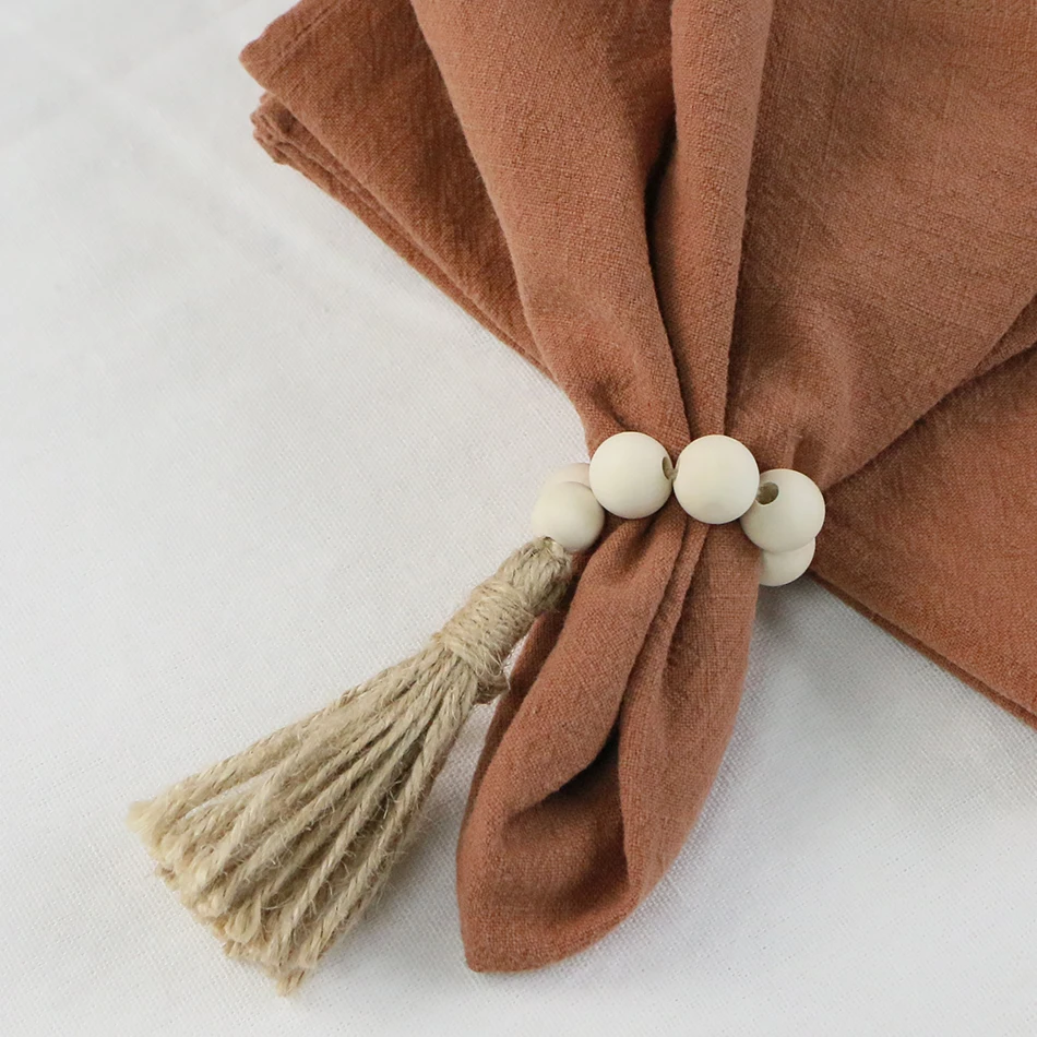 6pcs Wood Bead Napkin Rings,Garland with Tassels Farmhouse Beads Rustic Country Table Napkin Holder, Holiday Weddings Home Decor