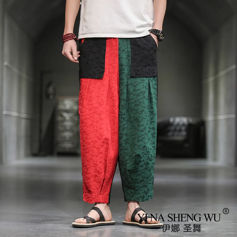 

2021 Spring Summer New Camouflage Men's Wear Wide Leg Casual Pants Cotton Hemp Loose Fashion Crotch Pants Men's Nine Point Pants