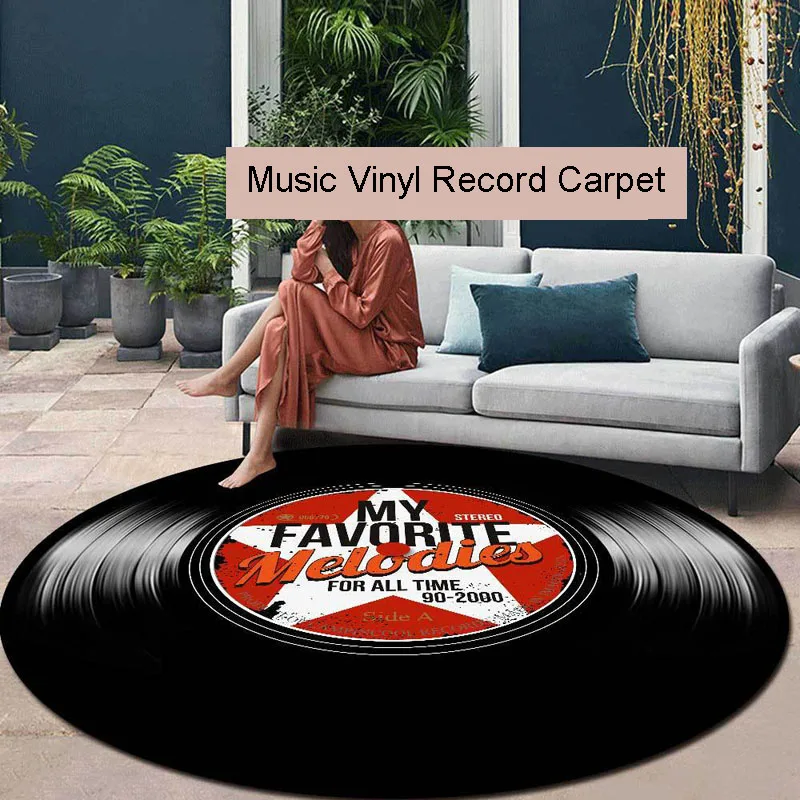 Big Vintage Round Carpet Retro Music Vinyl Record Printed Rugs for Living Room Bedroom Kids Room Anti Slip Music Shop Floor Mat