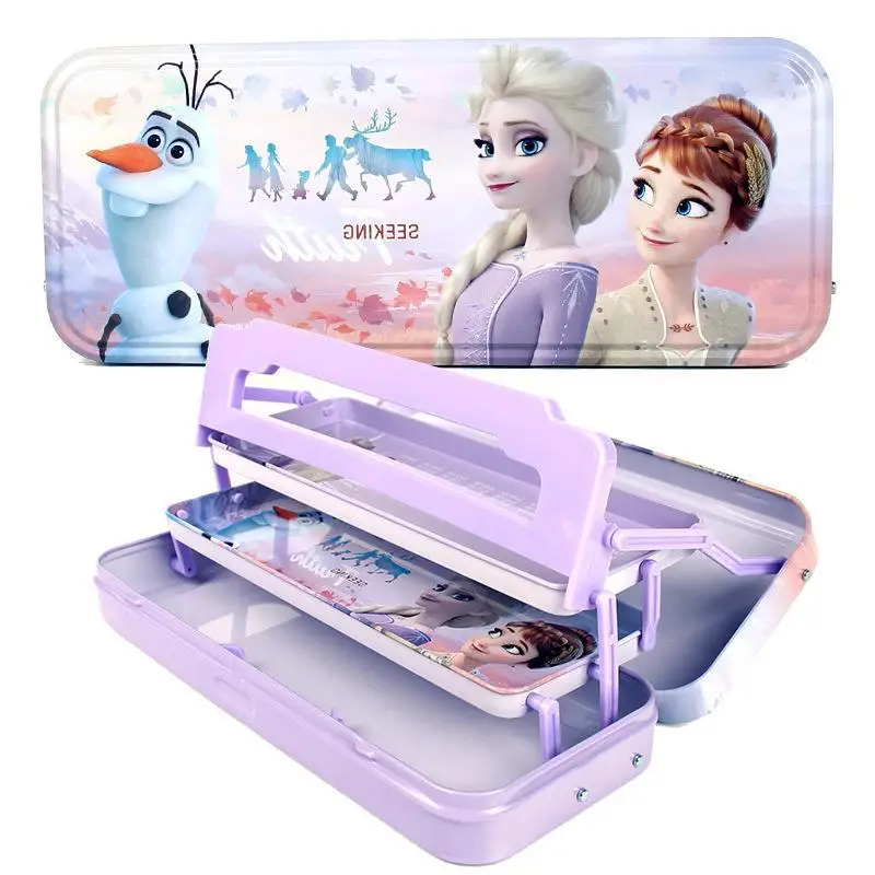 Disney stationery box cartoon three-layer tinplate with reading bookshelf cute frozen storage box school supplies gift