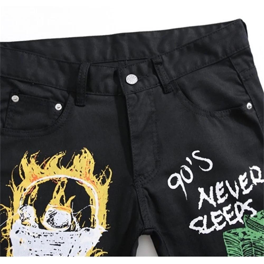 EH·MD® Graffiti Black Jeans Men's Flame Skull Print 90s Street Style Cotton Zipper Trousers 2020 New Trend Personality Thin Feet