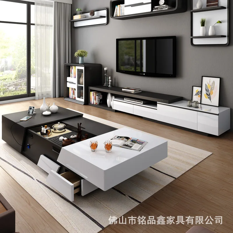 Nordic solid wood grain Kung Fu coffee table tea table multifunctional paint coffee table intelligent lifting coffee table TV ca