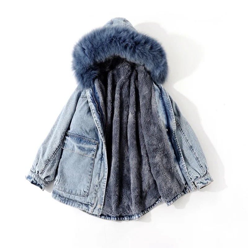 Quality High Women Winter Fur Lining Warm Loose FIt Denim Jacket Fox Fur Collar Hoody Jacket Casual Overcoat Cowboy Jeans Coats