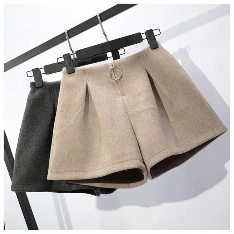 Woolen Shorts Women  Autumn Winter Wide Leg Mini Shorts Feminino Autumn booty shorts with Belt Pockets Short Feminino