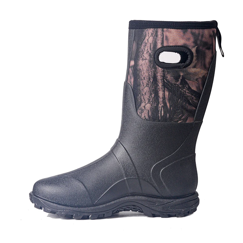 Camouflage Neoprene Short High Rubber Waterproof Rainshoes Warm Soft Outdoor Fishing Hunt Boots with Maple Handle Rubber Wellies