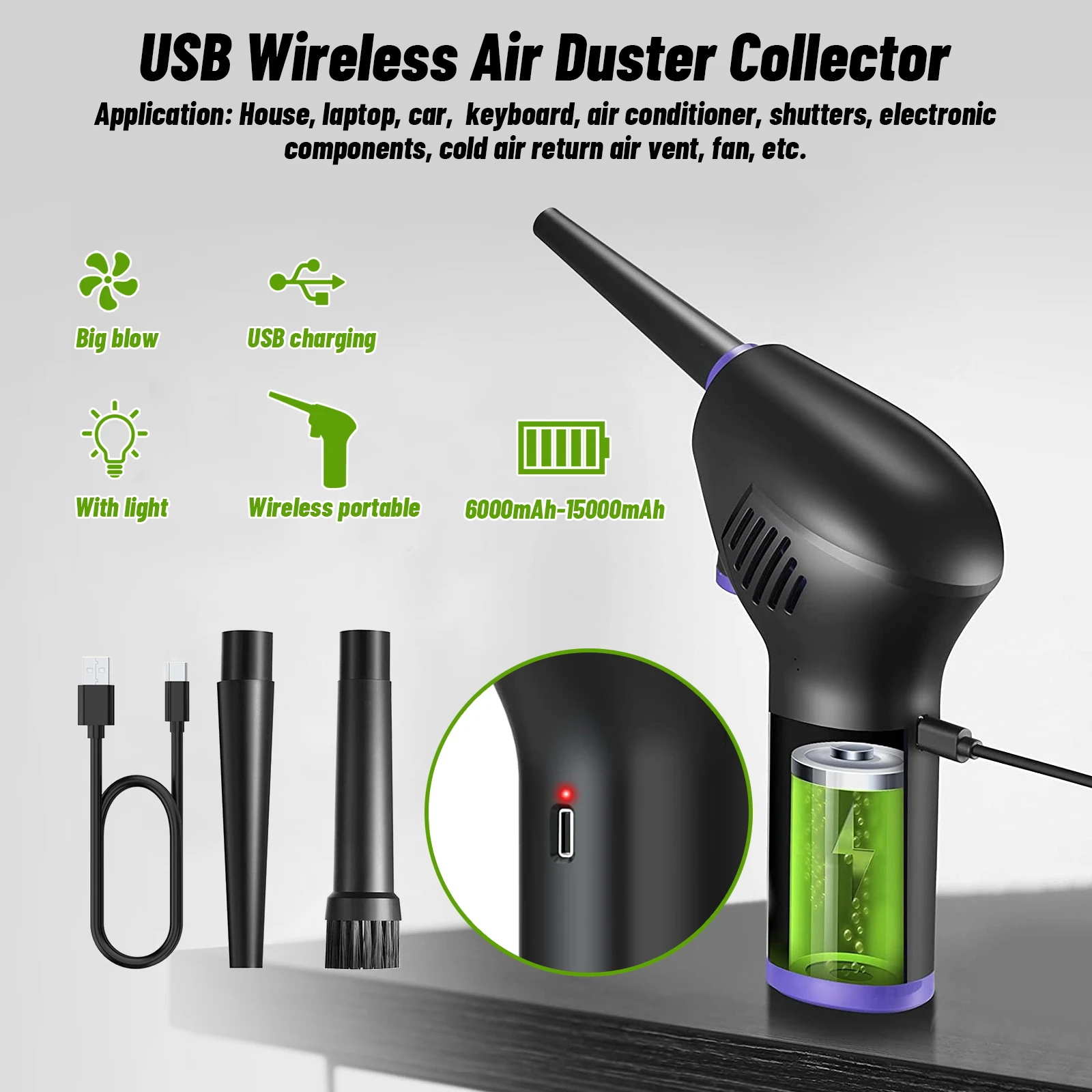 USB Rechargeable Cordless Air Duster for Computer Cleaning Capacity Portable PC Laptop Car Clean Keyboard Air Conditioners Fans