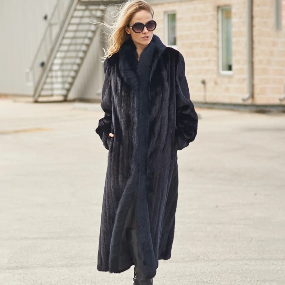 TOPFUR 100% Genuine Real Mink Fur Coat Black Long Sleeve With Fox Fur Collar 120 Cm Length Woman Winter Warm Jacket