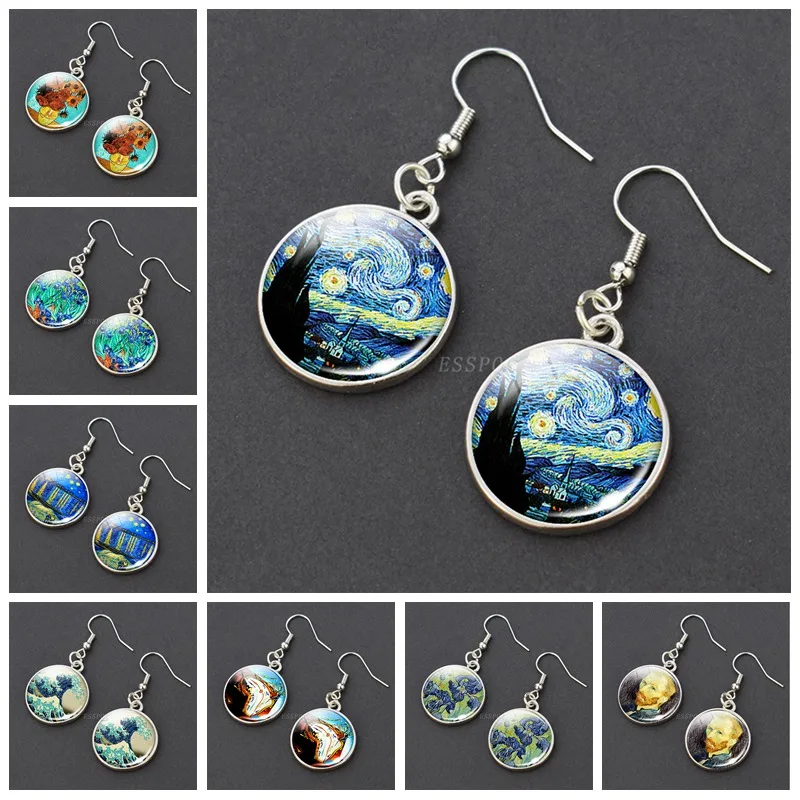 Van Gogh Oil Painting Stainless Steel Drop Earrings Glass Cabochon Dangle Hook Earrings Silver Color Women Jewelry Wholesale