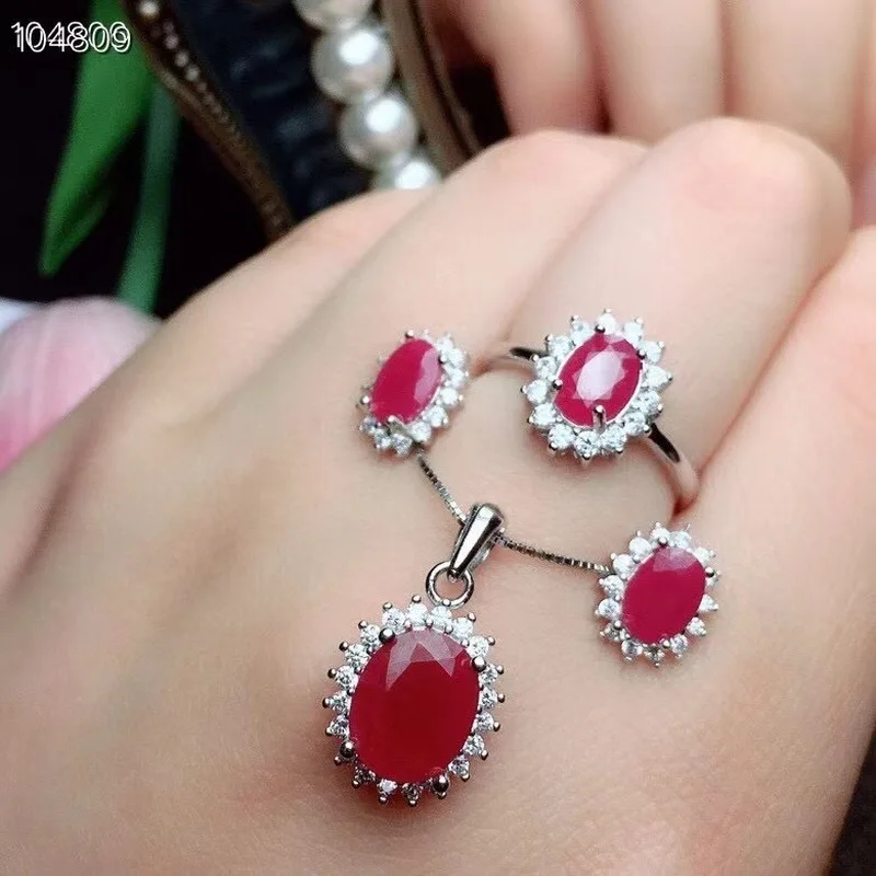 Elegant 100% Real and Natural Ruby Set 925 Sterling Silver 1pc Ruby Ring,2pcs Ruby Earring,1pc Ruby Pendant