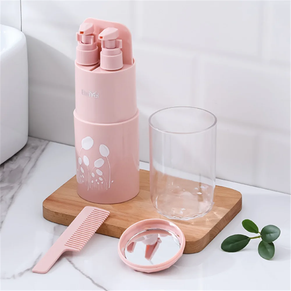 Travel Wash Cup Set Bathroom Toiletries Wash Kits Portable Sub-Bottle Toothbrush Shampoo Storage Bottle Toothbrush Holder Cup