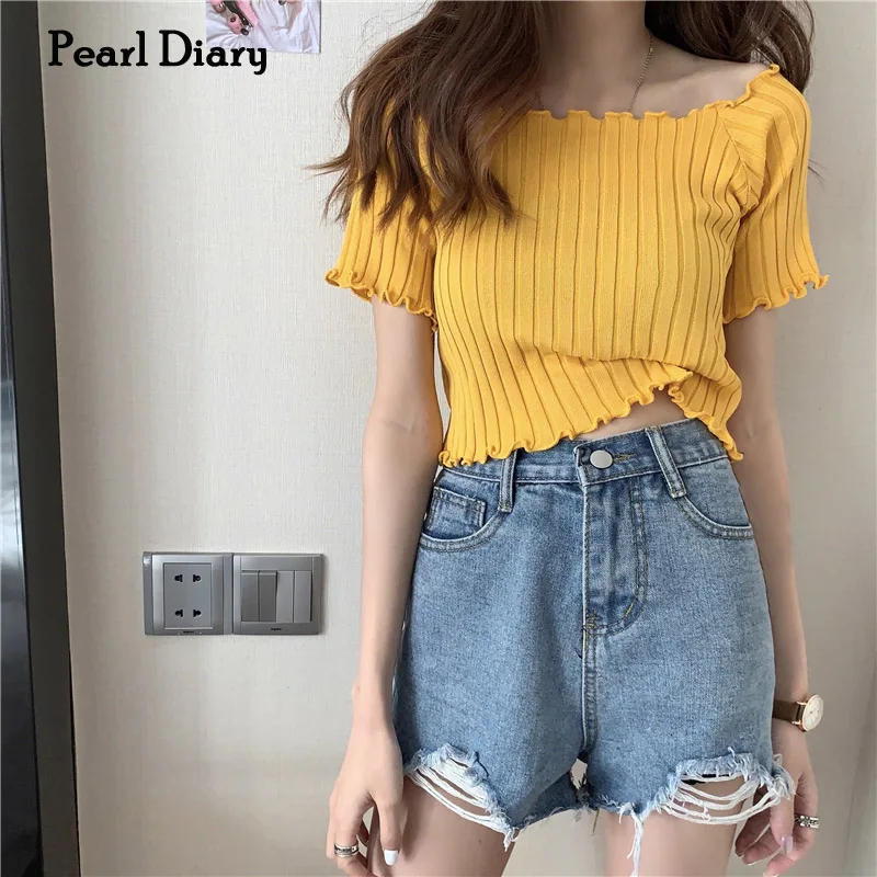 Pearl Diary Women Cute Cropped Tops Off Shoulder Ribbed Short Sleeve Tops Lettuce Edge Going Out Casual Streetwear Girls Tops