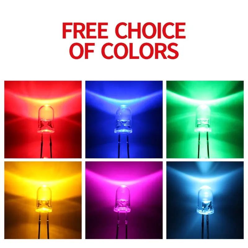 

1000 шт. светодиодов F5 / 5 мм, круглые, прозрачные, белые, синие, зеленые, желтые, розовые, с короткими выводами и краем