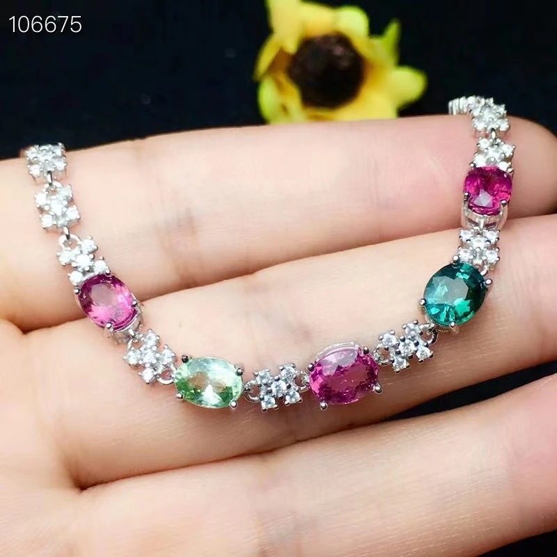KJJEAXCMY-925 Sterling Silver Inlaid Gem Natural Tourmaline Hand Bracelet for Women, Fine Jewelry, Birthday Party Gift,