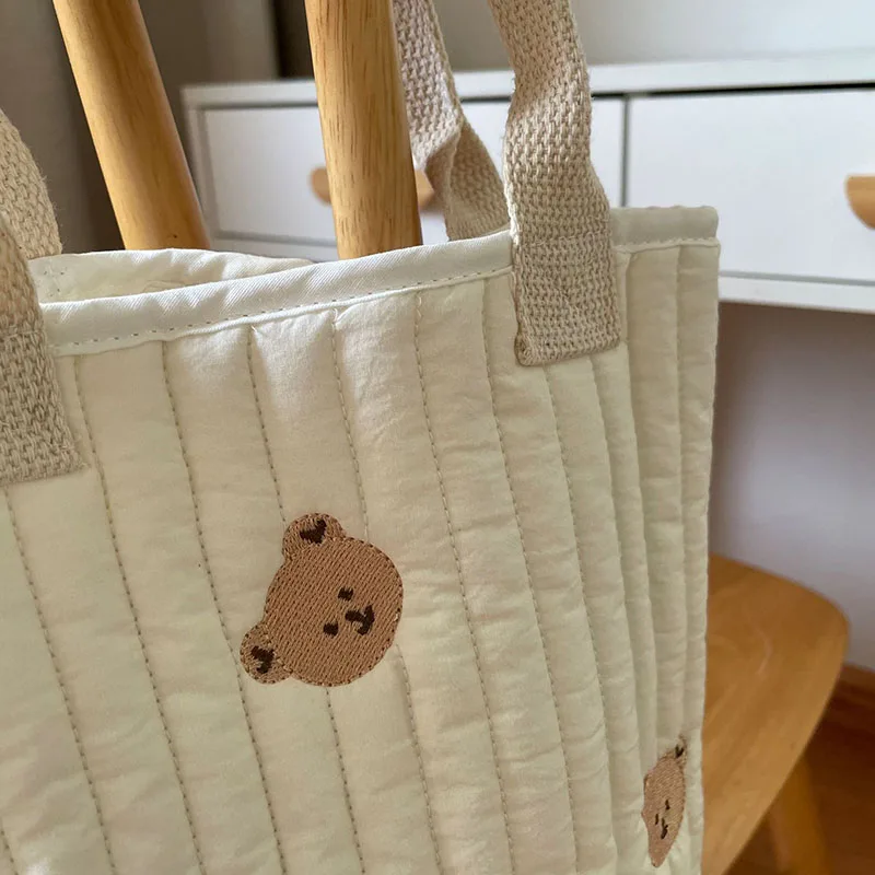 Botique-bolsas de pañales para bebé, bolsos de mamá con bordado de oso, bolso de cubo informal de algodón