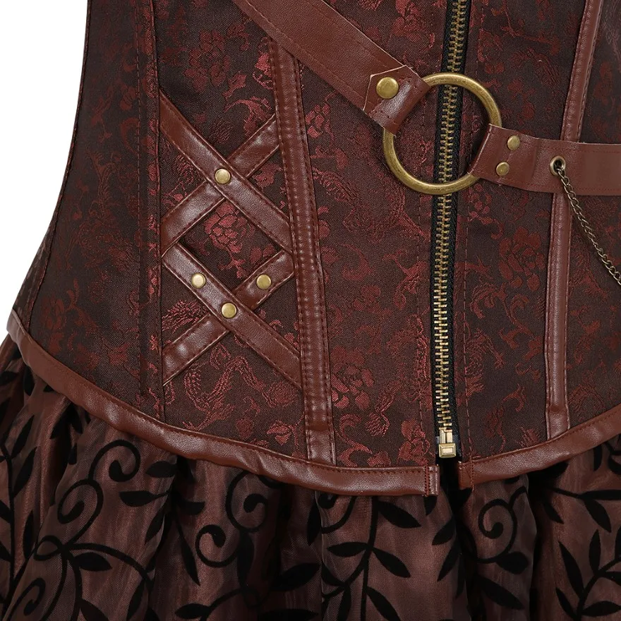 Steampunk – robe Corset gothique en cuir PU, haut court, chemisier Renaissance avec jupe Burlesque, ensemble trois pièces, Costume de Pirate