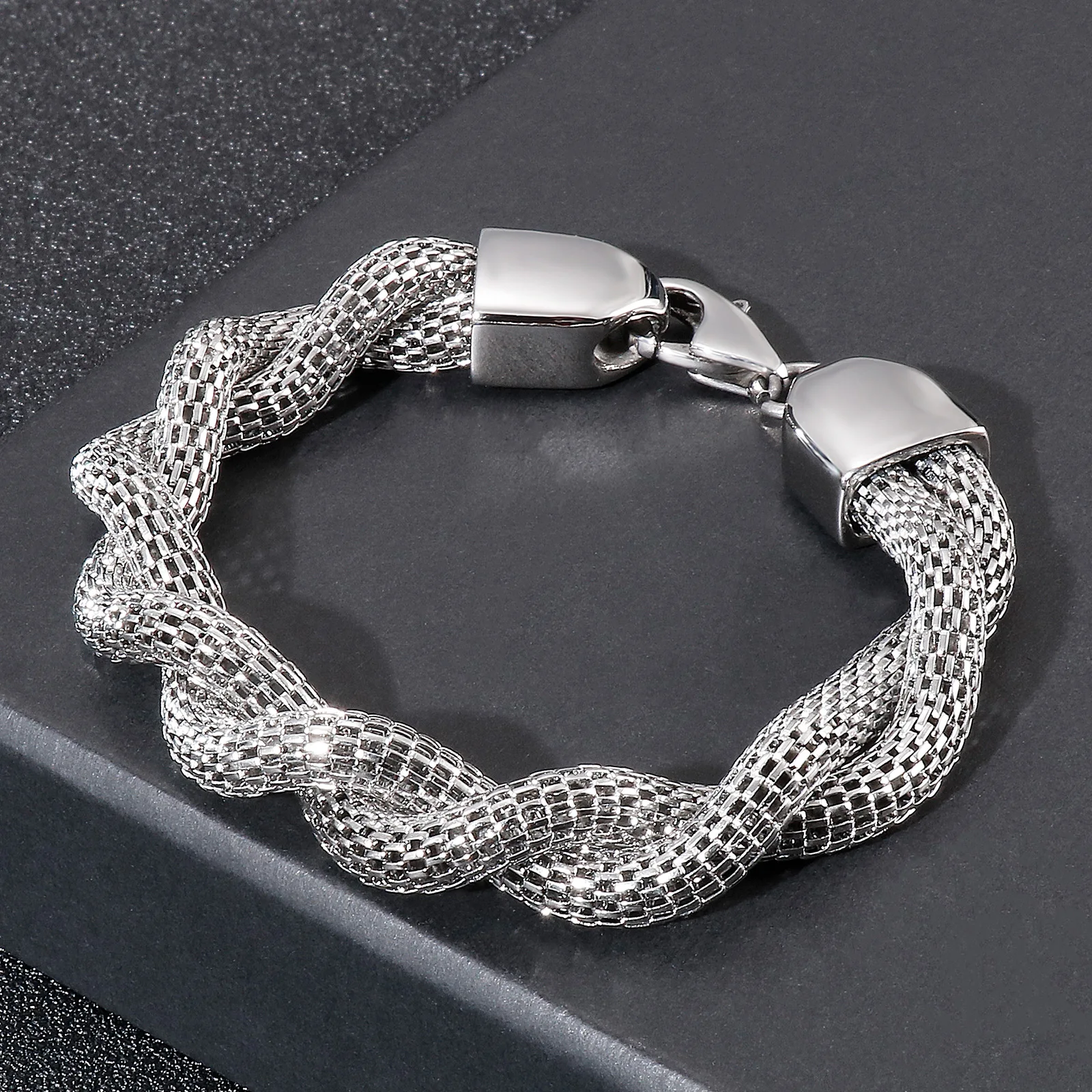 Fongten 22.5cm Snake Double Chain Bracelets For Men Stainless Steel Braided Men Twisted Bangle Bracelet Silver Color Jewelry