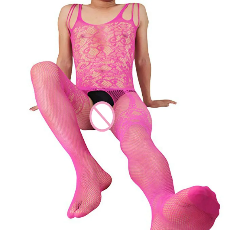 

NEW Men Lingerie Open Crotch Jumpsuit High Elastic Pantyhose Suspenders Sexy Body Stockings Gay Men's Underwear Fishnet Bodysuit