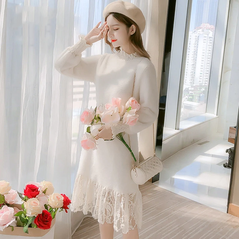 High-end Knit Sweater Pullover Dress Lmitation Mink Cashmeres Lace plice Dresses Winter  Turtleneck Sweater Jumper Vestidos