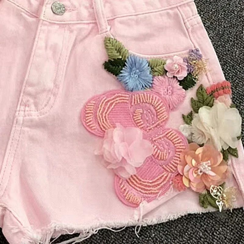 Short en jean décontracté pour Femme, pantalon en Denim, Harajuku, avec broderie de fleurs, fermeture éclair, personnalisé, tendance, été