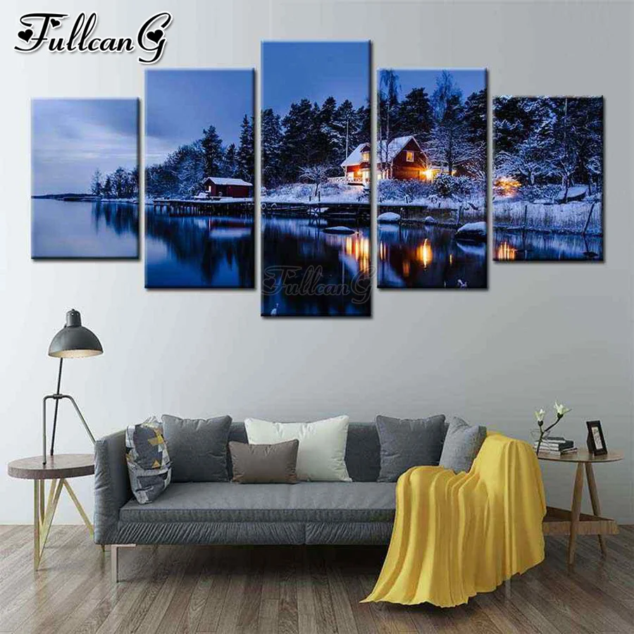 

FULLCANG Lake house scenery 5 piece diy diamond painting full square round mosaic cross stitch rhinestone embroidery kits FG0207