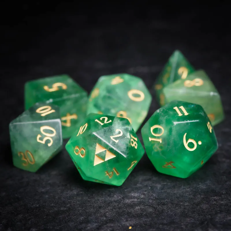 

Natural Green Fluorite Dice Stone Engrave Polyhedral Dice D4 D6 D8 D10 D12 D% Gems Carving Dice For DND RPG COC Table Games